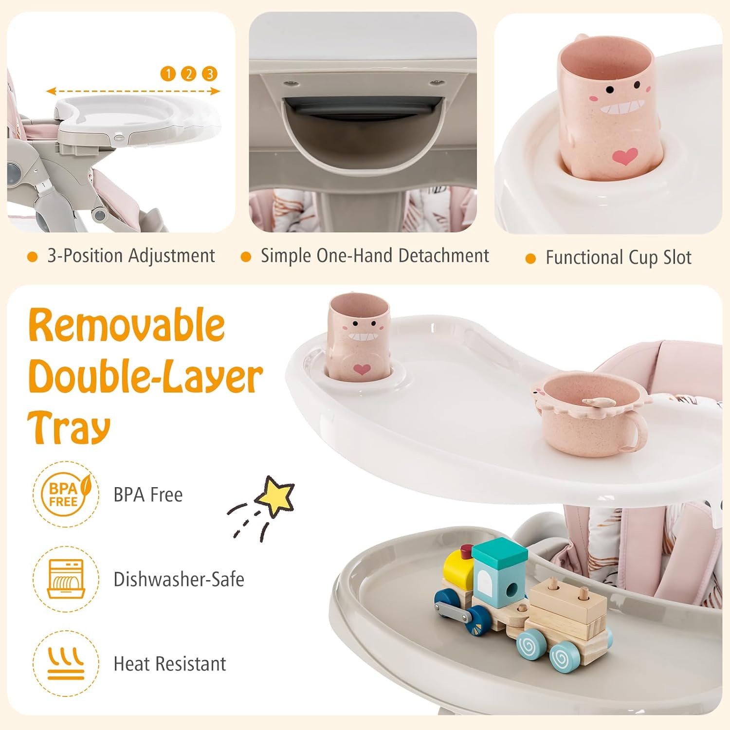 HONEY JOY Baby High Chair, Foldable High Chairs for Babies and Toddlers, Adjustable Heights, Recline Backrest & Footrest, Double-Layer Tray & Cushion, Portable Infant Highchair with Wheels (Pink)