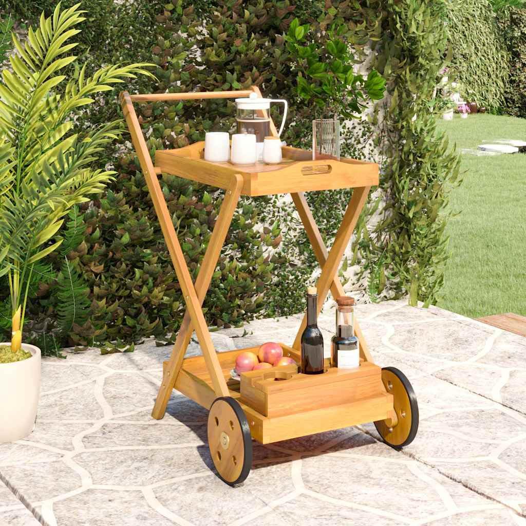 Carrello da tè in legno di acacia massiccio, 54 x 87 x 90 cm, con portabottiglie e 2 ripiani, carrello da portata con ruote, per cucina, sala da pranzo, soggiorno e terrazza