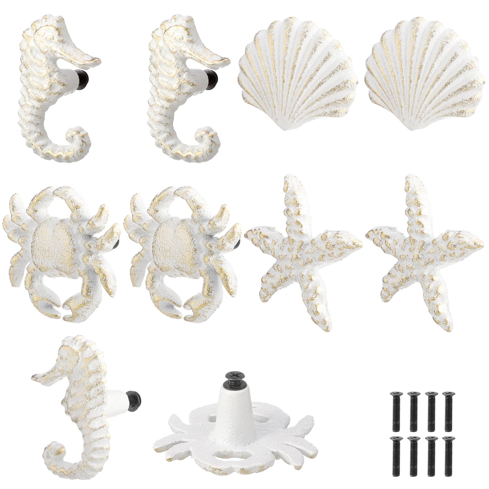 Zonon 8 Pcs Coastal Nautical Cabinet Knobs, Beach Ocean Themed Drawer Knobs, Starfish Seashell Seahorse Crab Cabinet Pulls & Handle, Metal Knob for Dresser Cupboard Wardrobe (White) โ image 1