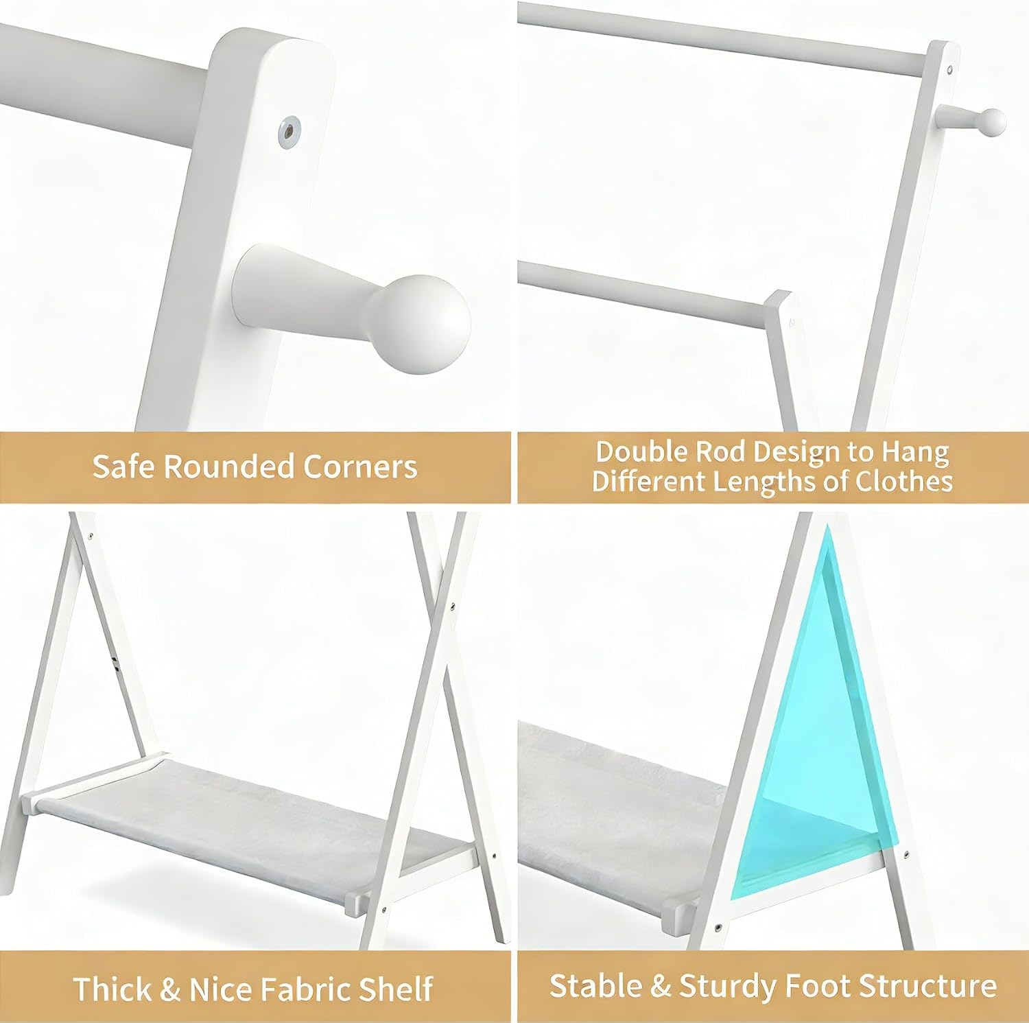 Kids Clothing Rack, Small Clothes Rack for Toddler Pets, Kids Dress Up Rack with Storage Shelf & Double Rods, Foldable Kids Clothes Rack for Nursery Child's Room (Regular Size - White)