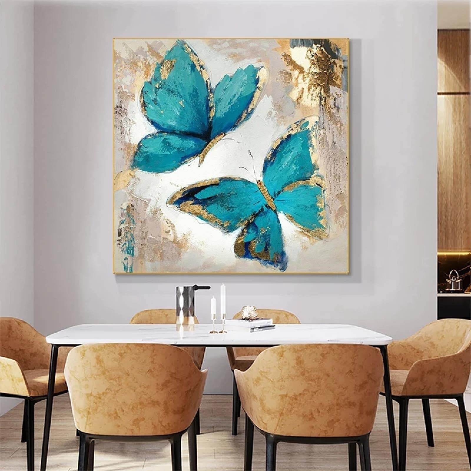 JACBON Leinwandbild Abstrakt – Gold-blauer Schmetterling, 55x55 Cm, Rahmenlos, Moderne Wanddekoration