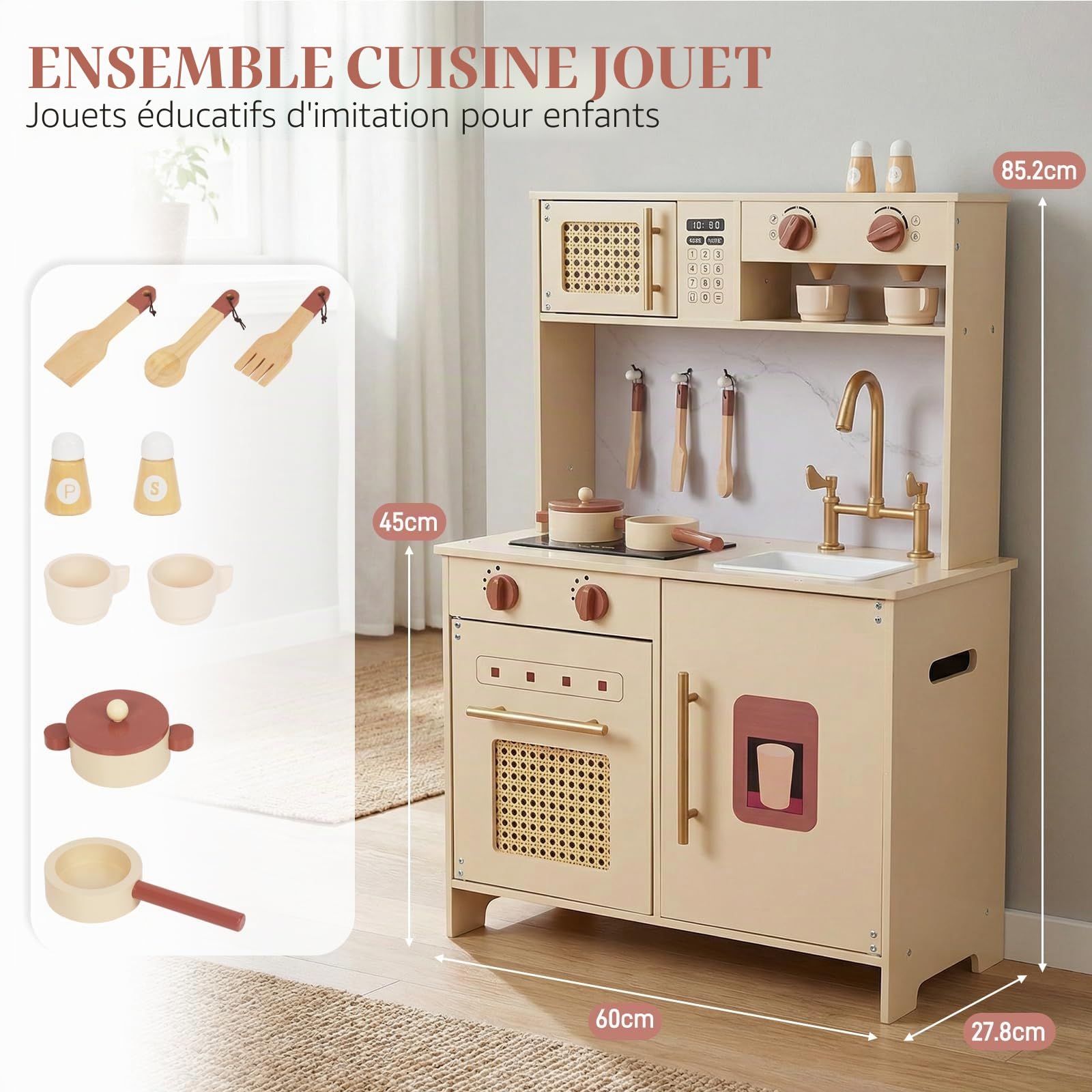 WOODENFUN Cuisine Jeu rétro crème Bois Micro-Ondes Four évier, Jeu de rôle 3 Ans(Jaune)