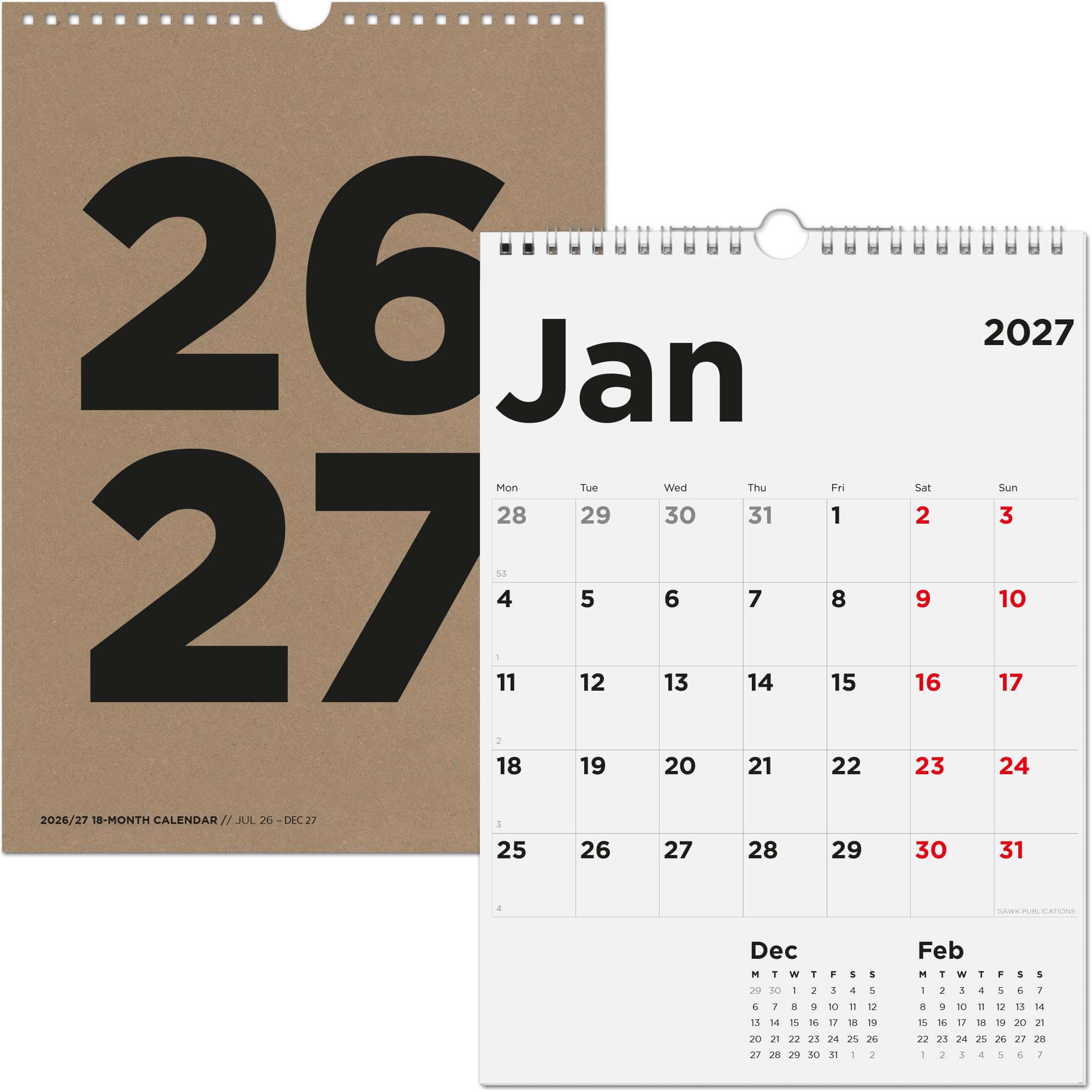 GAWK 2026/27 18-Month Wall Calendar - July 2026 to December 2027-3-Months To View - Office/Home/Family Year Planner - A4-Size (Brown Kraft Cover)