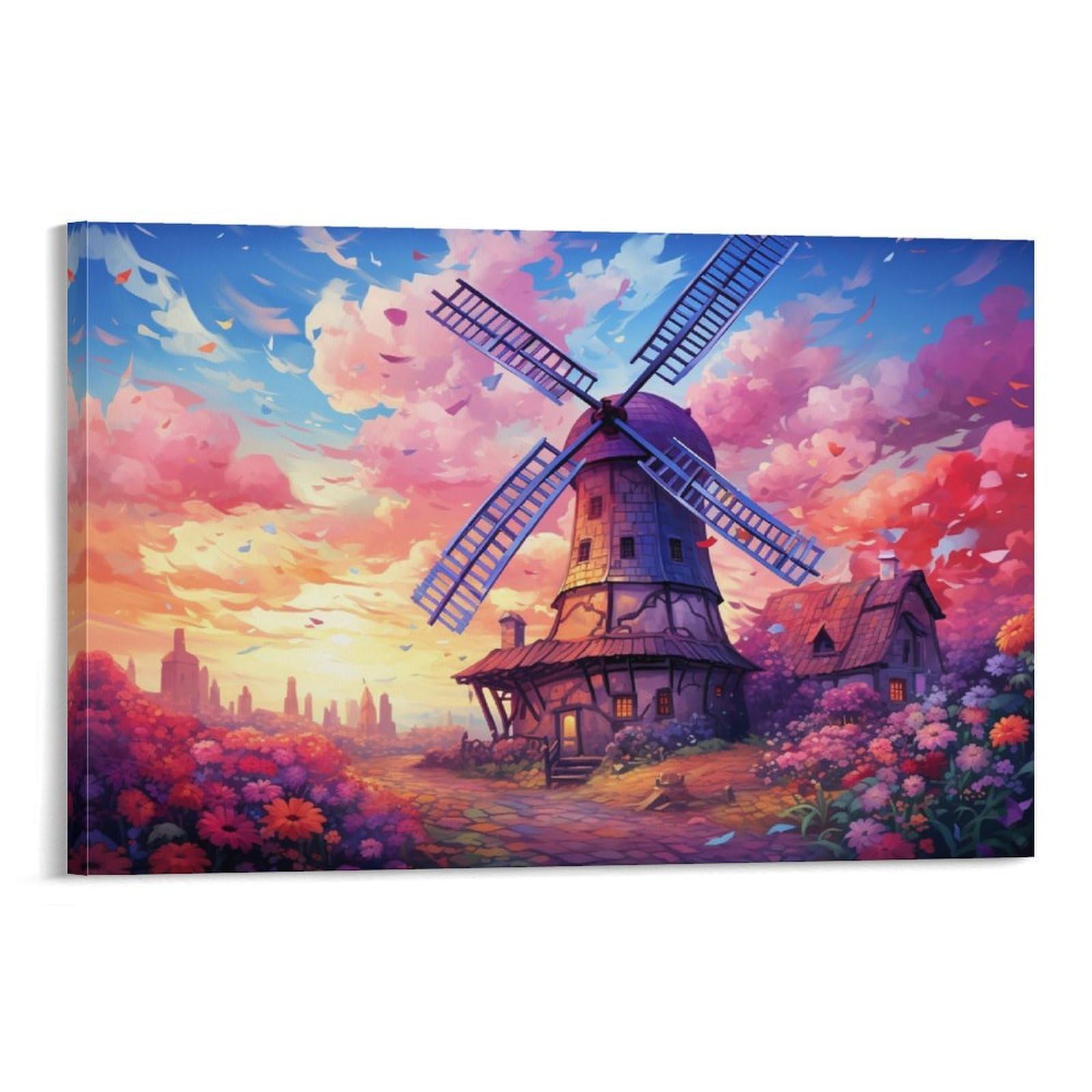 CPLVKWRQJ Bright Magical Colorful Single Colorful Windmill at Sunset Canvas Print - Living Room Gallery Wall Statement Piece Fade Resistant Ready to Hang 16x24inch(40x60cm)