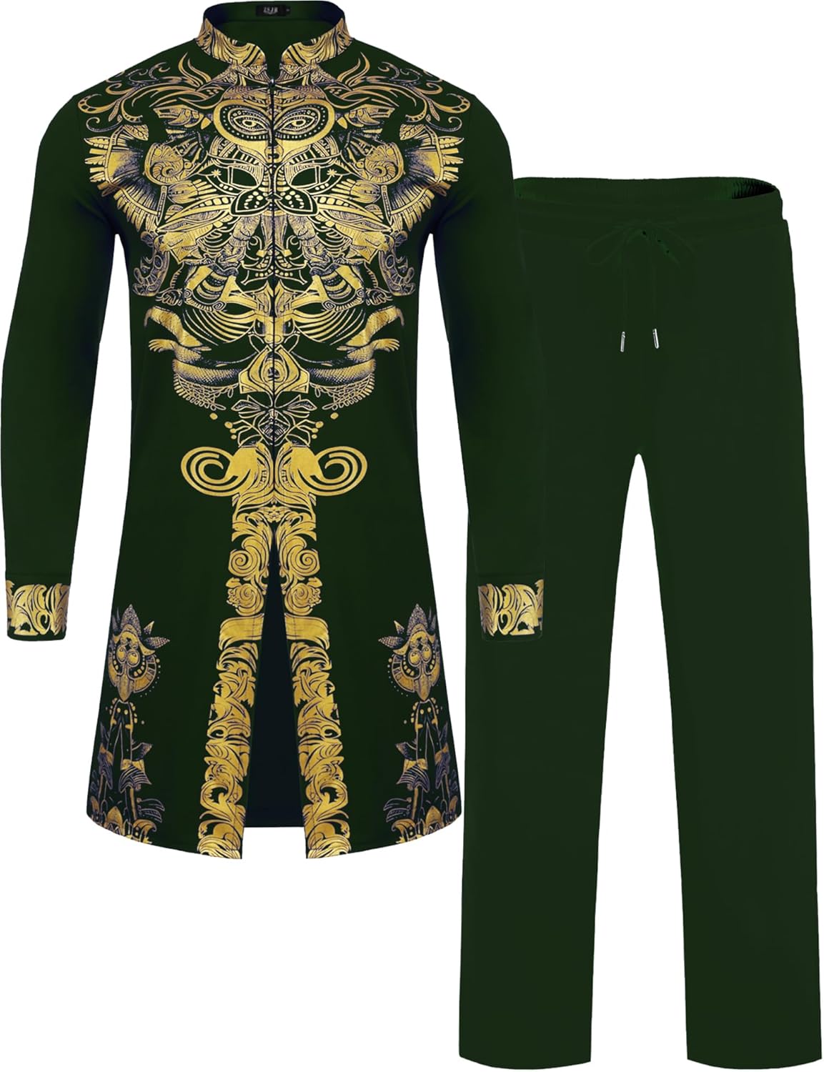 Mens African 2 Piece Set Zipper Nigerian Dashiki Metallic Shirt and Pants Outfit Gold Stamp Printed Long Traditional Suit - Image 5