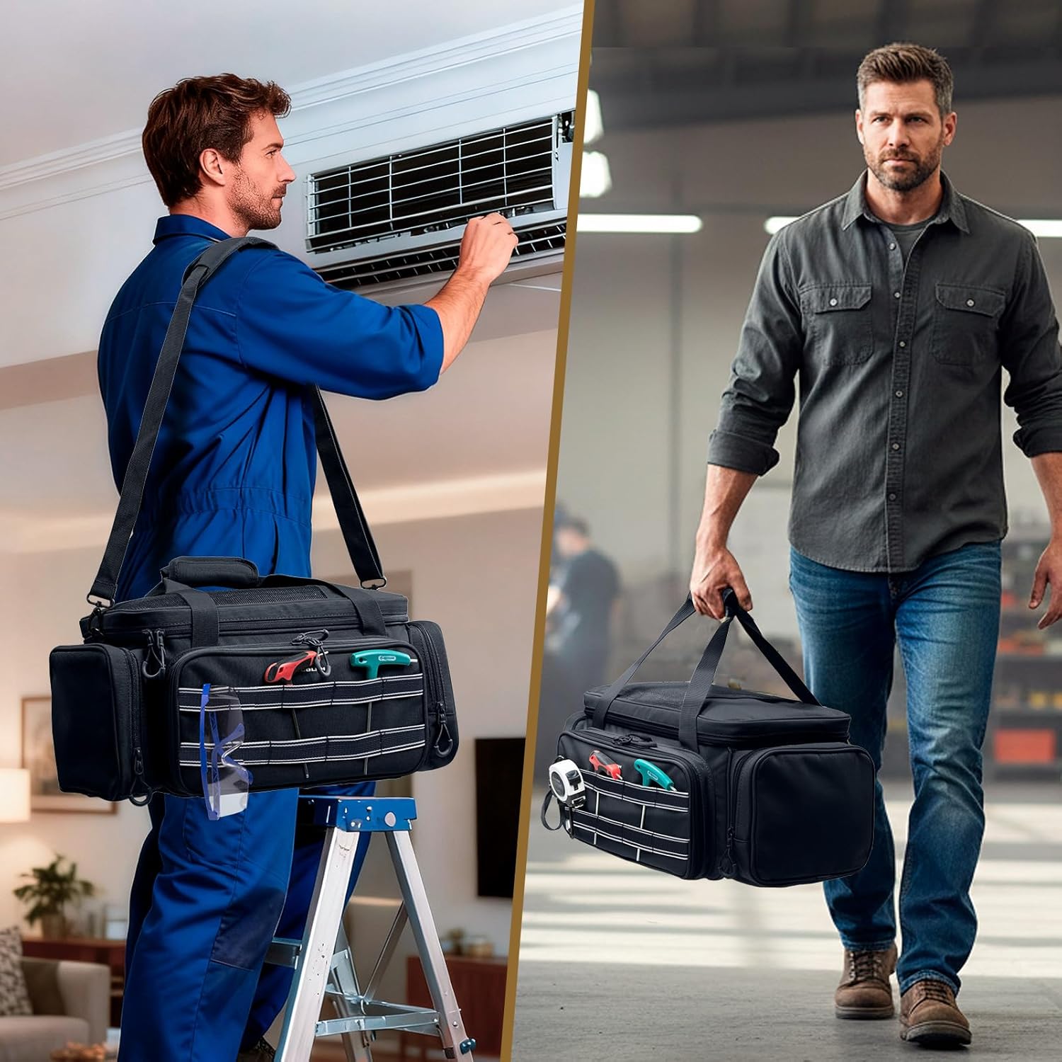 Heavy Duty Tool Bag Organizer with Strong Magnets & Detachable Pouches, Tactical Tool Tote for Men, Multiple Pockets, Anti-Friction Bottom Utility Tool's Bag for Electrician,Mechanic