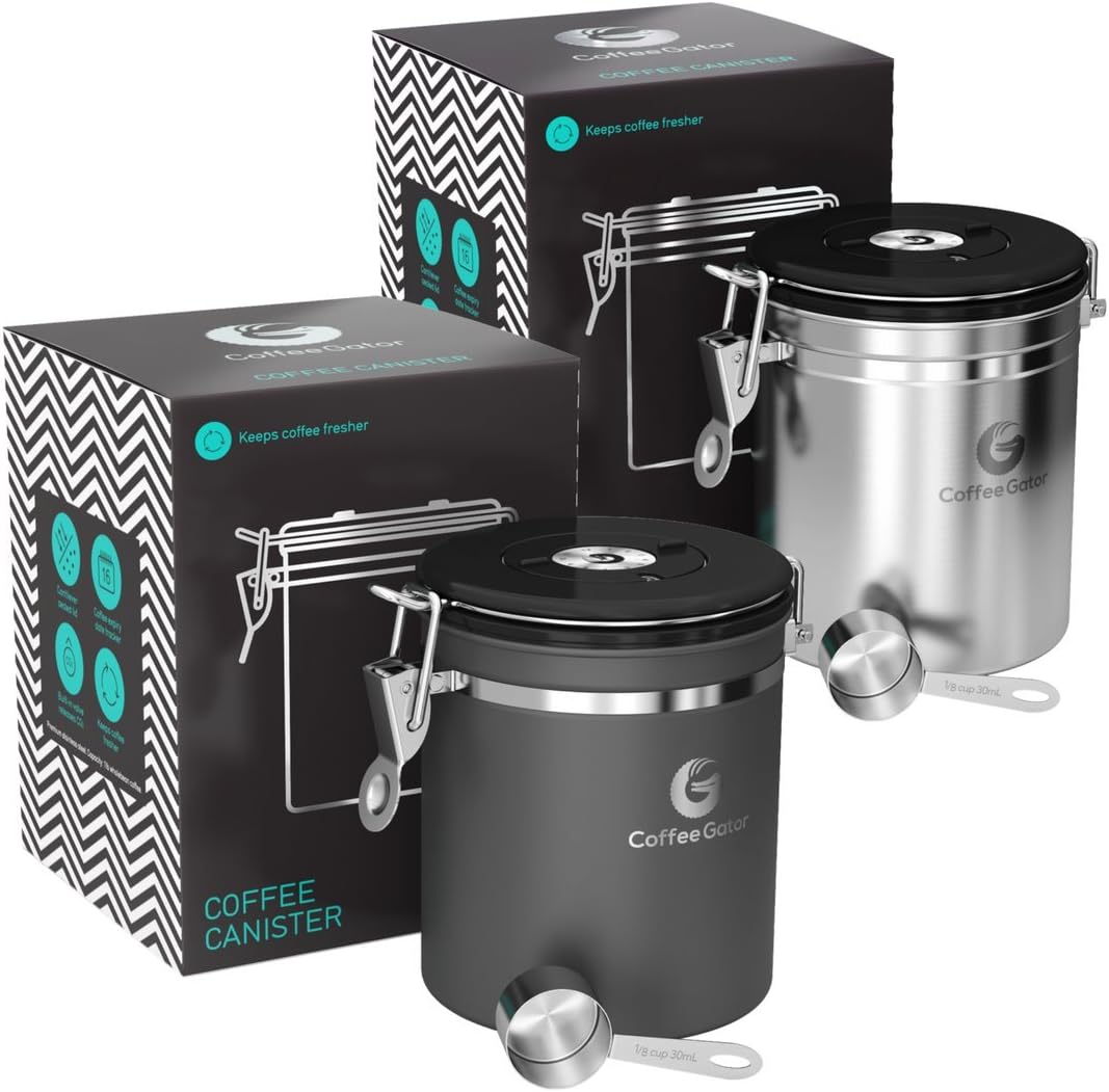 Coffee Gator Coffee Canister Airtight 1300 mL 2 Pack, Stainless Steel Kitchen Food Storage Container with Date Tracker, CO2 Valve, Scoop for Grounds Coffee, Beans,Tea, Sugar, Flour, Snacks