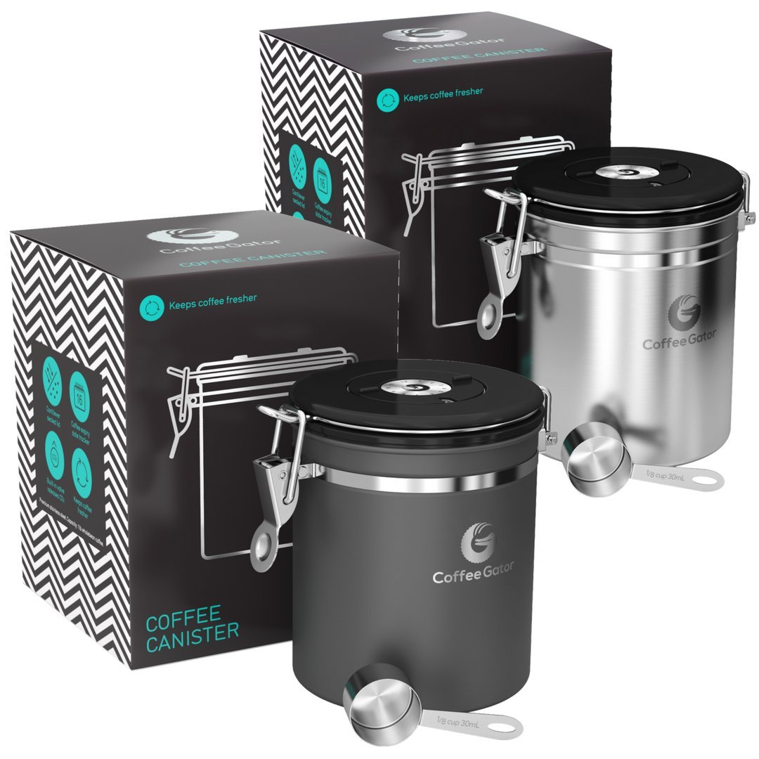 Coffee GatorCoffee Canister Airtight 1300 mL 2 Pack, Stainless Steel Kitchen Food Storage Container with Date Tracker, CO2 Valve, Scoop for Grounds Coffee, Beans,Tea, Sugar, Flour, Snacks
