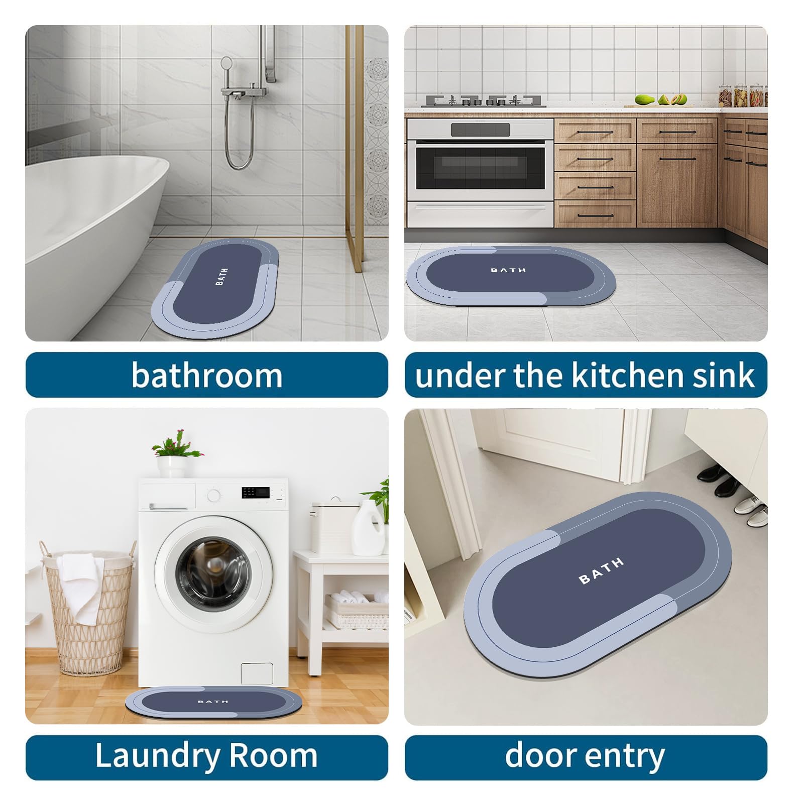 Doilc Bath Mat Rug for Tapis de Bain Tapis de Salle de Bains en Caoutchouc Antidérapant à Séchage Rapide (Blue, 60 x 90 cm (Oval))