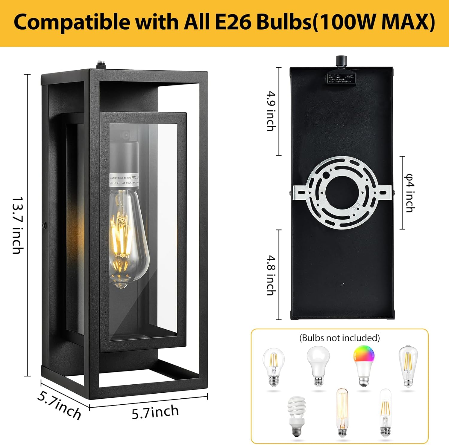 14" Outdoor Wall Lights Fixtures Dusk to Dawn Exterior Lighting Fixtures, Black Outdoor Wall Lantern with E26 Socket, Modern Front Porch Light, Coach Lights for Garage, Porch, Front Door 2Pack