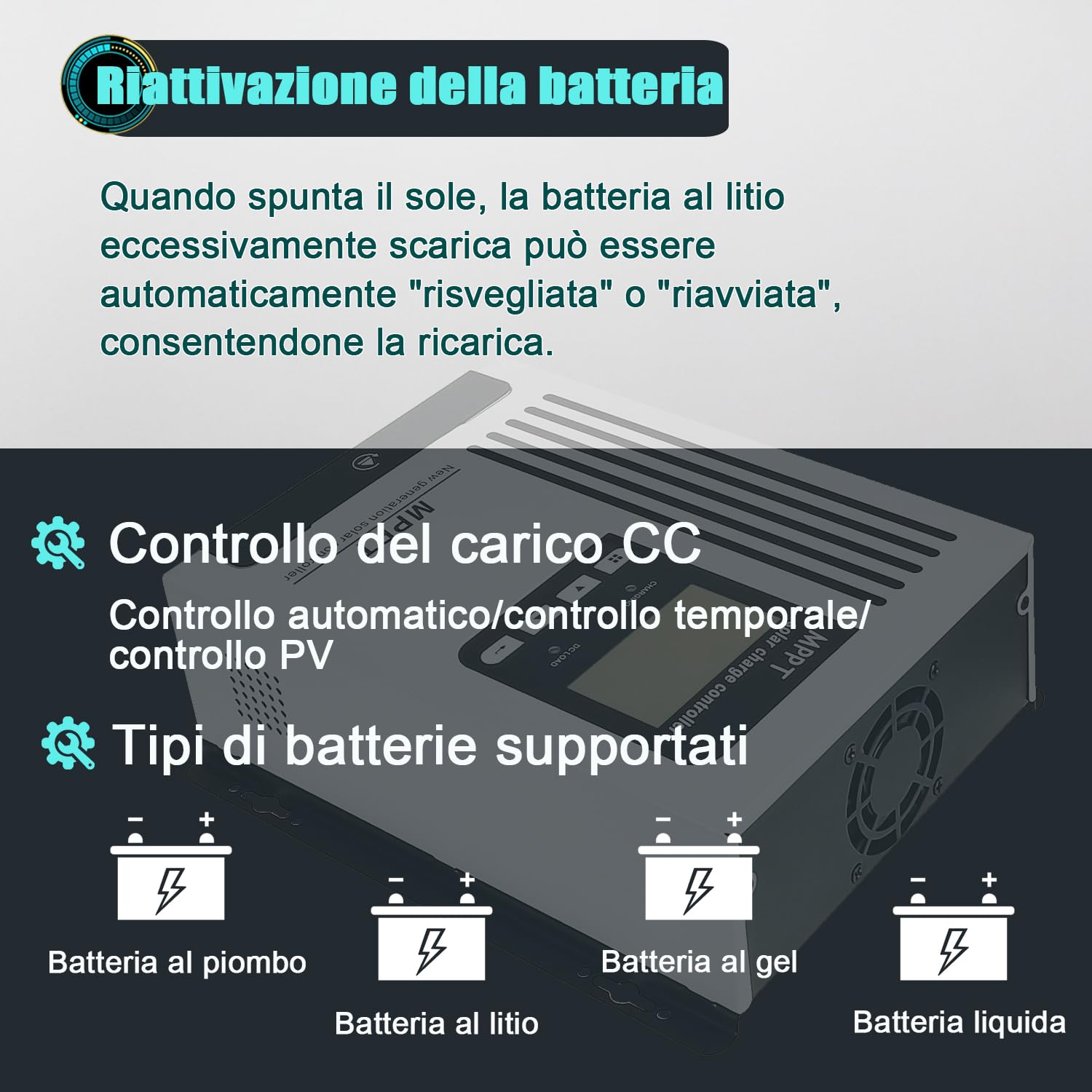 96V 45A Caricatore solare MPPT PV 4500W DC180V | Compatibile 48V/60V/72V/96V – con Riattivazione Batteria al Litio – per Sistemi Solari