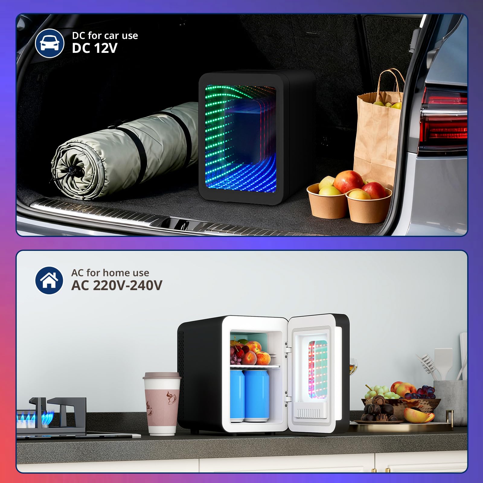 ARTETHYS Mini Fridge for Bedrooms, 4L Car Skincare Fridge with LED Mirror, Gaming Fridges with Infinity Effect for Home Office Skin Care, 220V AC/12V DC, Black — view 5