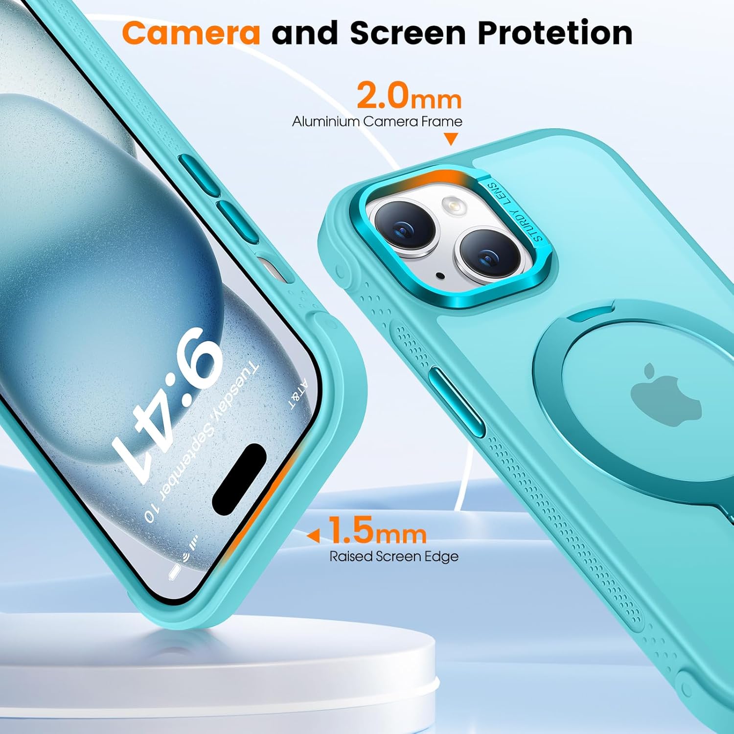 Case for iPhone 15 with 360° Rotatable Magnetic Stand, Mil-Grade Drop Protection, Anti-Scratch/Anti-Slip/Anti-Fingerprint Translucent Matte Phone Case, Lake Blue