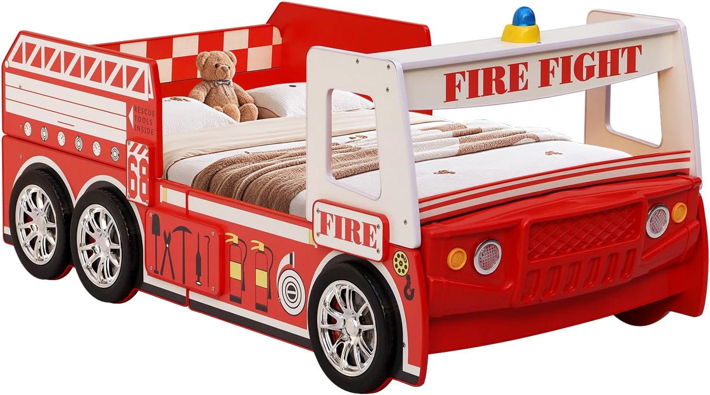 LKTART Twin Size Car Bed for Kids, Fire Truck-Shaped Wooden Platform Bed Frame with LED Lights, Headboard Wheels and Support Slats for Boys Toddlers Child's Bedroom (Red)