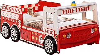 LKTART Twin Size Car Bed for Kids, Fire Truck-Shaped Wooden Platform Bed Frame with LED Lights, Headboard Wheels and Support Slats for Boys Toddlers Child's Bedroom (Red)