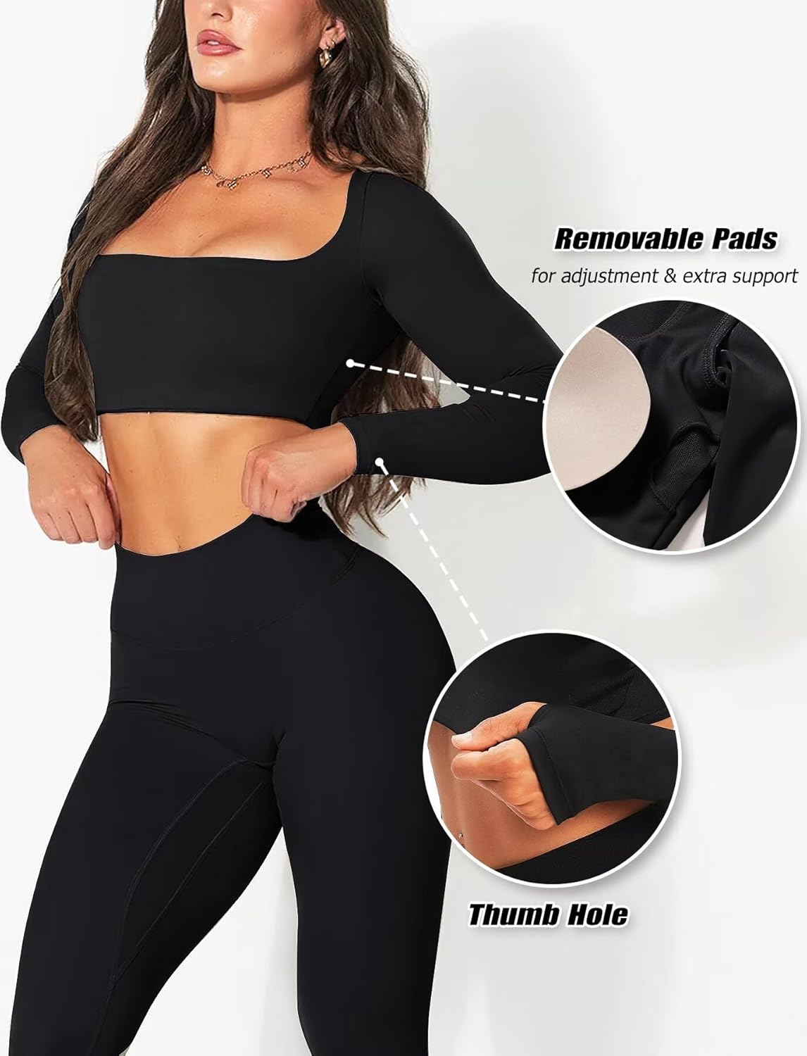 TZLDN Women's Squre Neck Workout Tops Padded Long Sleeve Crop Tops Gym Athletic Sports Yoga Compression Shirts Low Impact - Image 4