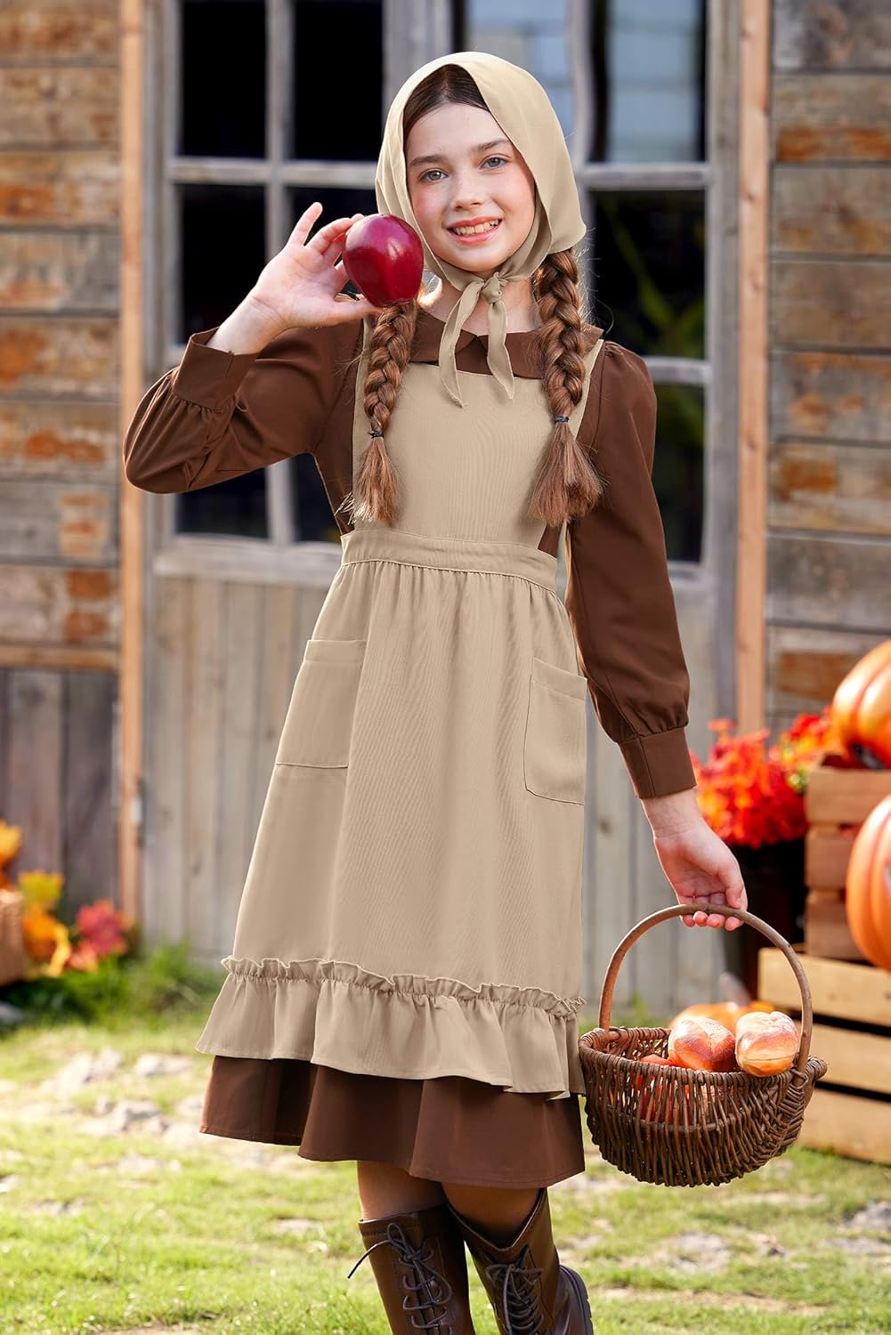 BesserBay Girls 3PCS Colonial Pioneer Dress Peter Pan Collar Prairie Girls Outfit 6-14 Years