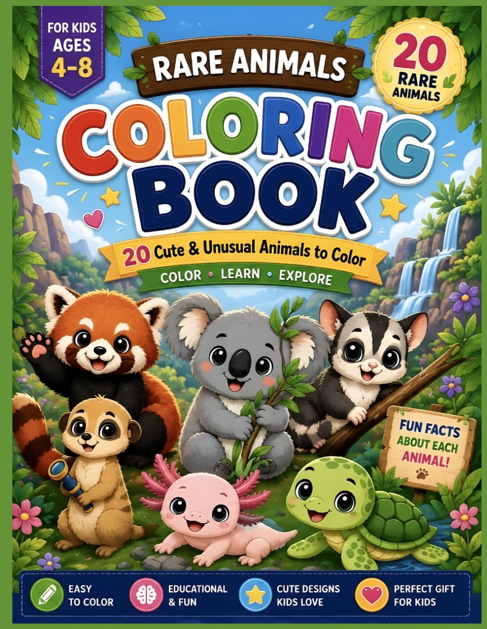 Cute Rare Animals Coloring Book: 20 Cute & Unusual Animals to Color with Fun Facts, Color Guides, and Easy Designs for Kids Ages 4–8