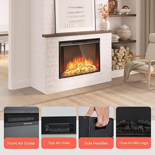 Miniatura 5 de GOFLAME Inserto de chimenea eléctrica de 26 pulgadas, calentador de chimenea empotrado de pared con termostato, 3 colores de llama, 6 brillo de