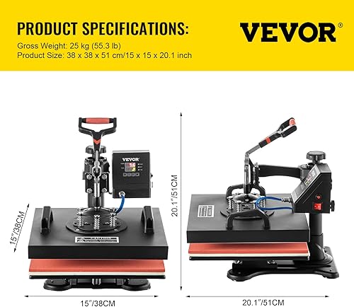 Miniatura 7 de VEVOR Prensa de calor 15 x 15, máquina de prensa de calor 5 en 1 para camisetas, 360 grados oscilante digital control preciso máquina multifuncional