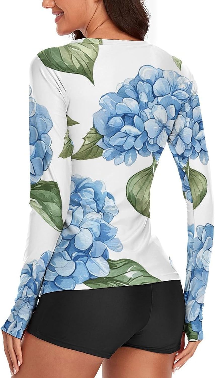 Blue Hydrangea Pattern Rash Guard for Women UPF 50+ UV Sun Protection | Long Sleeve Workout Top Quick Dry Athletic Hiking Shirt Moisture Wicking Swim Shirt for Running, Cycling, Swimming