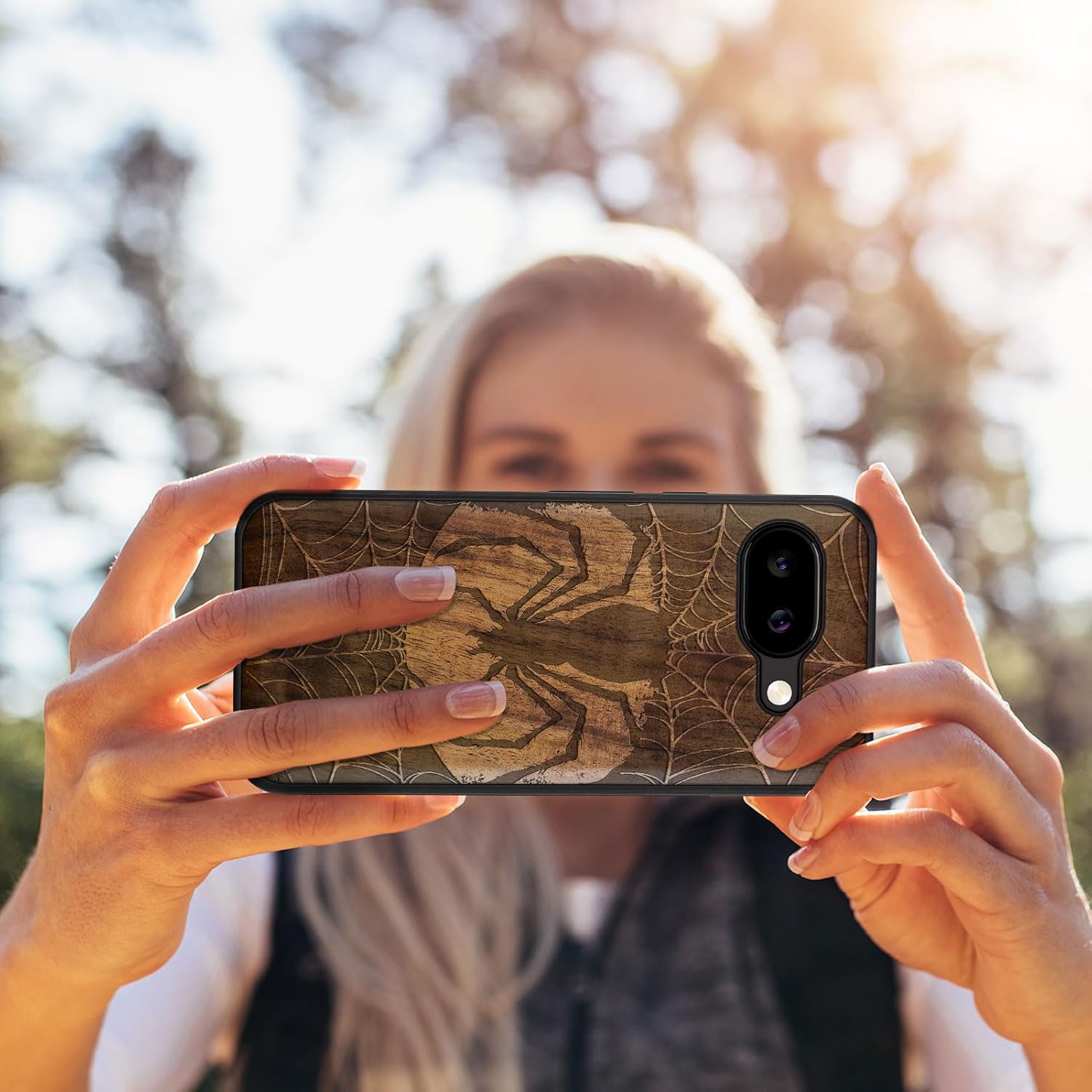 Carveit Magnetic Wooden Case for Google Pixel 9a Case, Wood Artisan Engraved & Soft TPU Shockproof Cover, Compatible with MagSafe Wireless Chargers (Intricate Spider and Web Design) Walnut