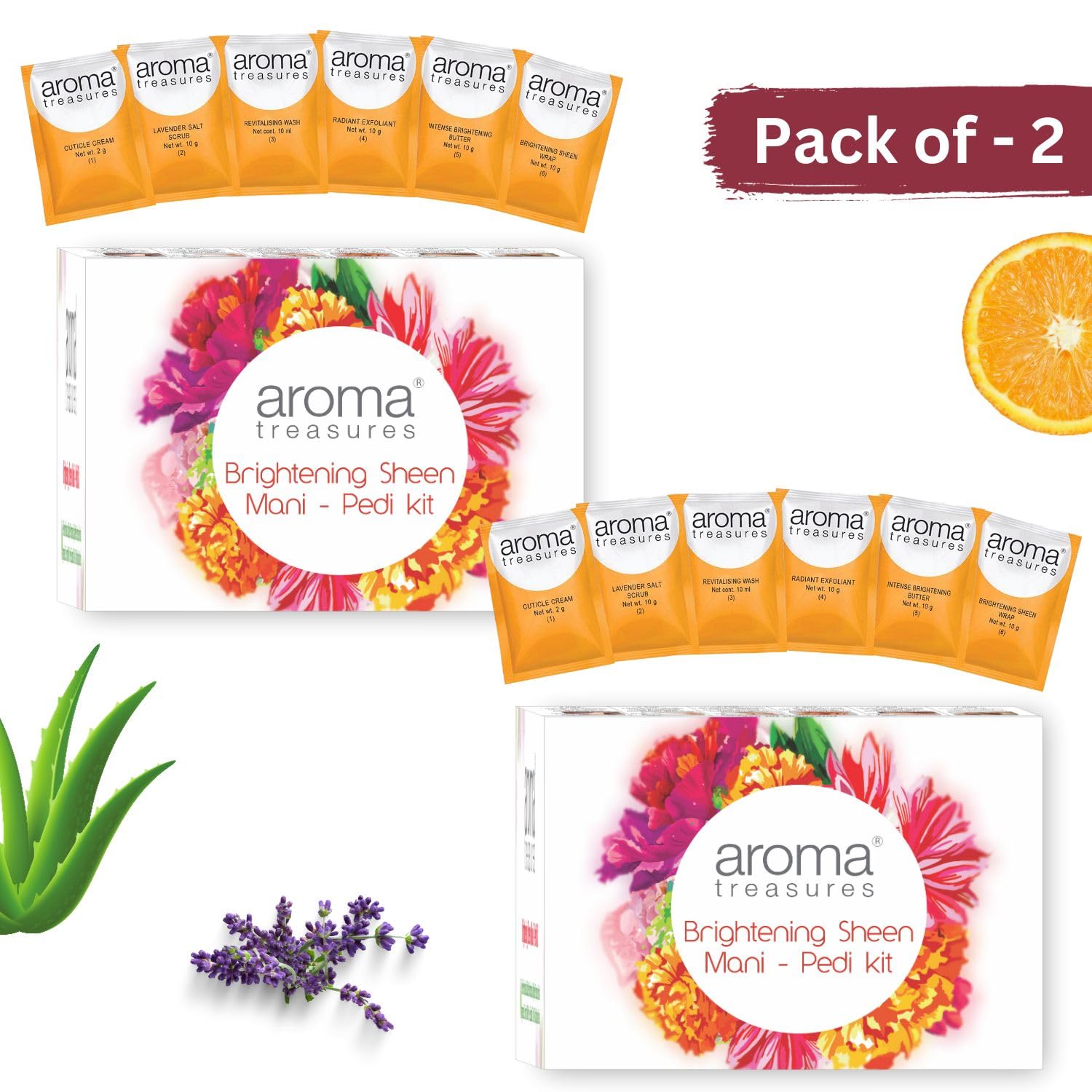 Aroma Treasures Brightening Sheen Mani-Pedi Kit | Arbutin, Lavender, Orange & Lemongrass for Skin Brightening & Tan Removal | 6-Step Manicure Pedicure Kit with Bath Salt, Scrub, Butter (Pack of 2)