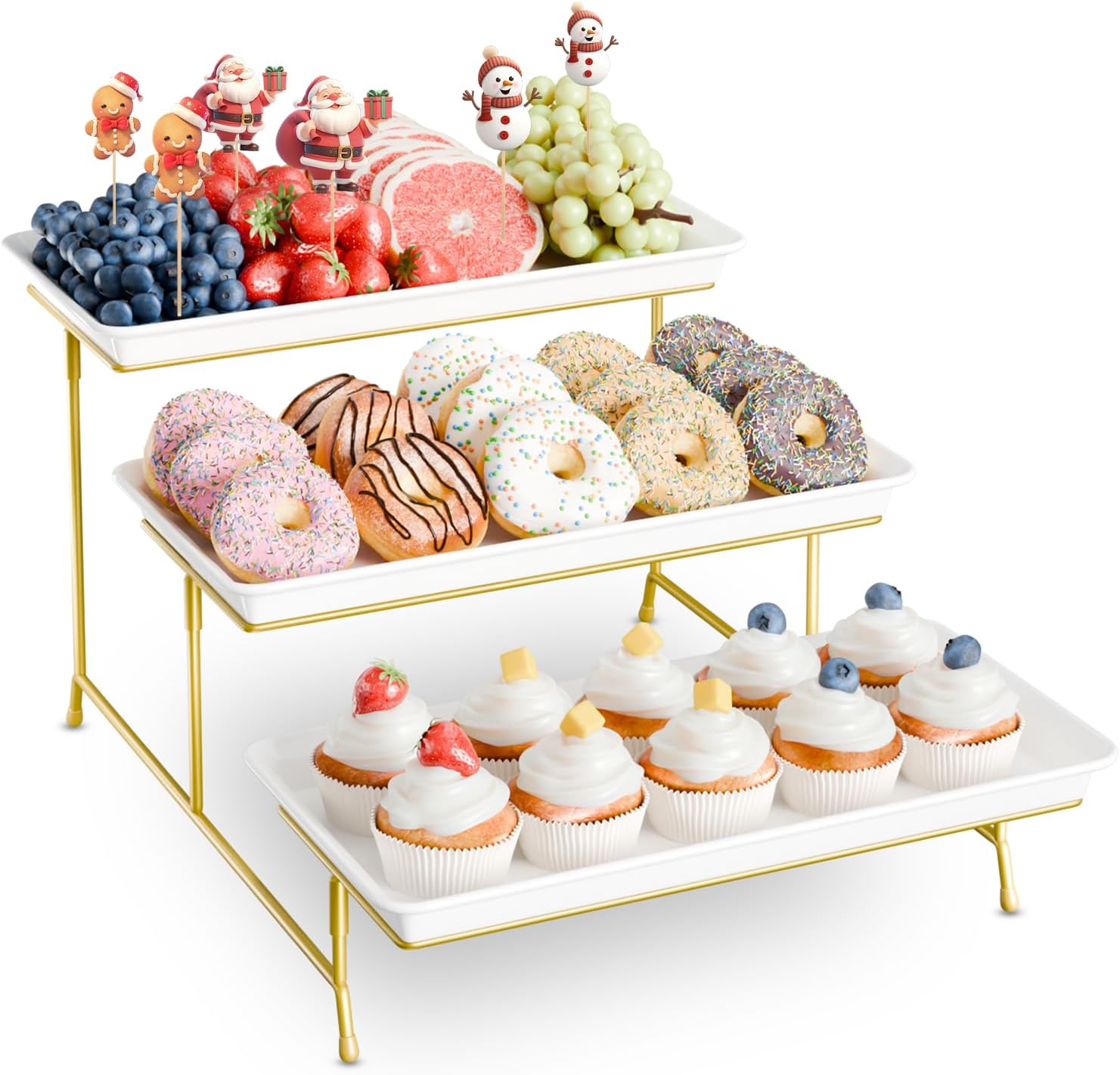 Bumusty 3-Tier Melamine Serving Tray Set, 14 x 7 in, Gold Stand