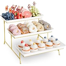 Bumusty 3-Tier Melamine Serving Tray Set, 14 x 7 in, Gold Stand | Melamine Reusable Platters with Metal Display Stand for Cupcakes, Desserts, Fruit, Cookies, Parties, Birthdays and Holidays