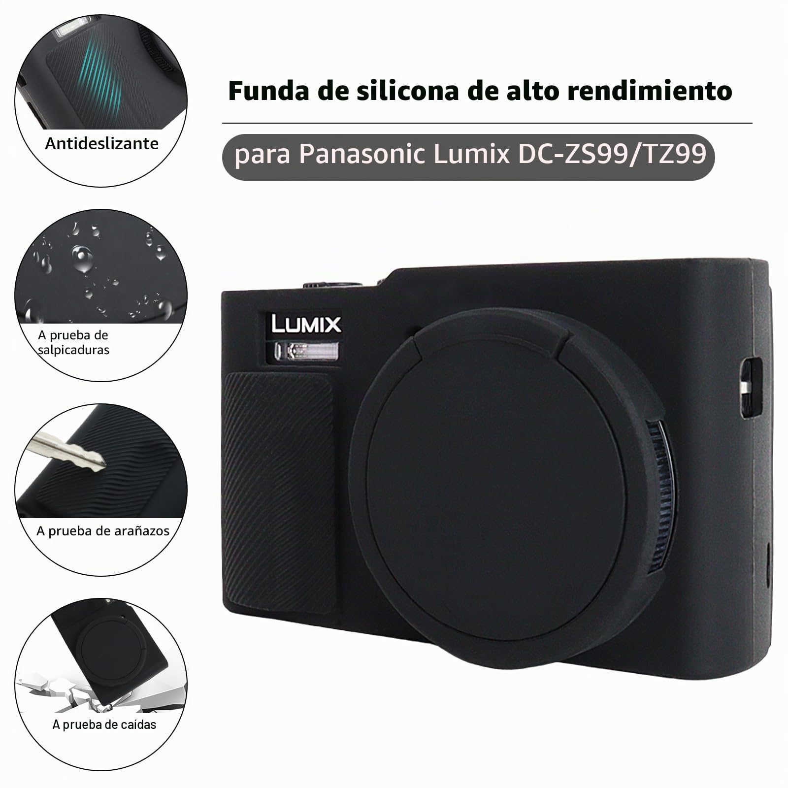 Rieibi Funda de Silicona para Cámara Panasonic Lumix ZS99/TZ99, Accesorios para Panasonic Lumix ZS99/TZ99 Funda Incluyendo 2 Piezas de Protector de Pantalla, Tapa de Lente Desmontable, Negro