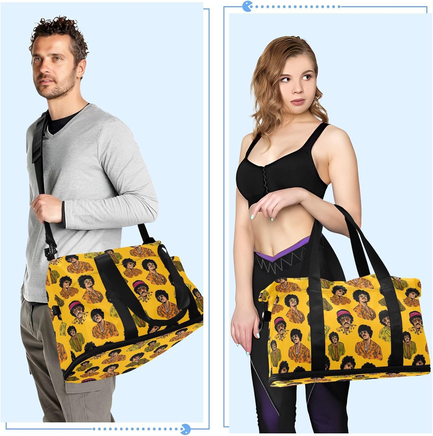 Multifunctional Sports Tote Gym Bag Hippie Style Man Yellow Sports Gym Tote Bag with Adjustable Strap for Business Trips