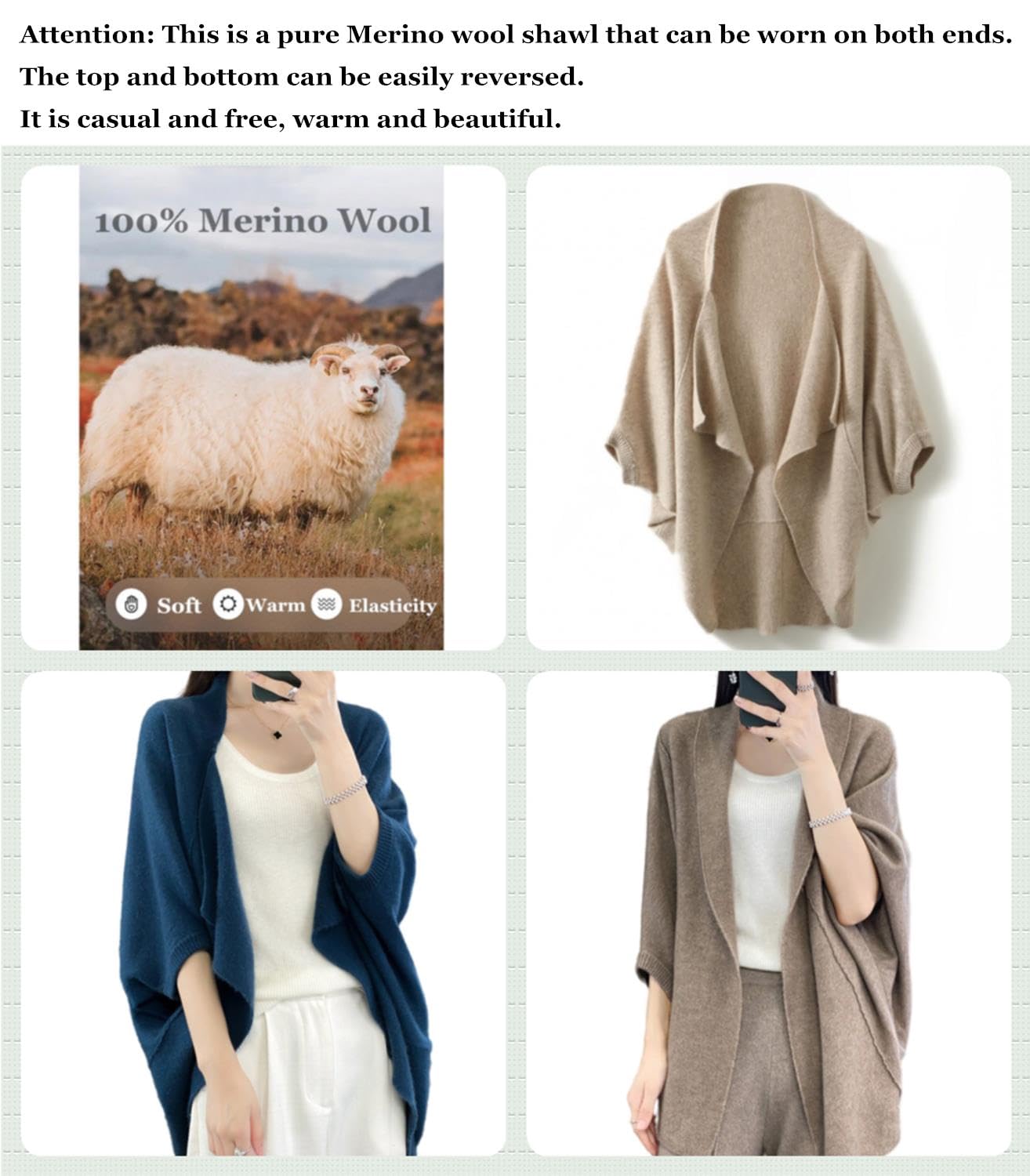 Suéter de punto de lana merina para mujer, poncho abierto al frente, capa Ruana para otoño e invierno