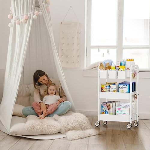 Miniatura 8 de YASONIC Carrito con ruedas de 3 niveles, carrito utilitario de metal con ruedas, organizador de almacenamiento mejorado con tazas y ganchos