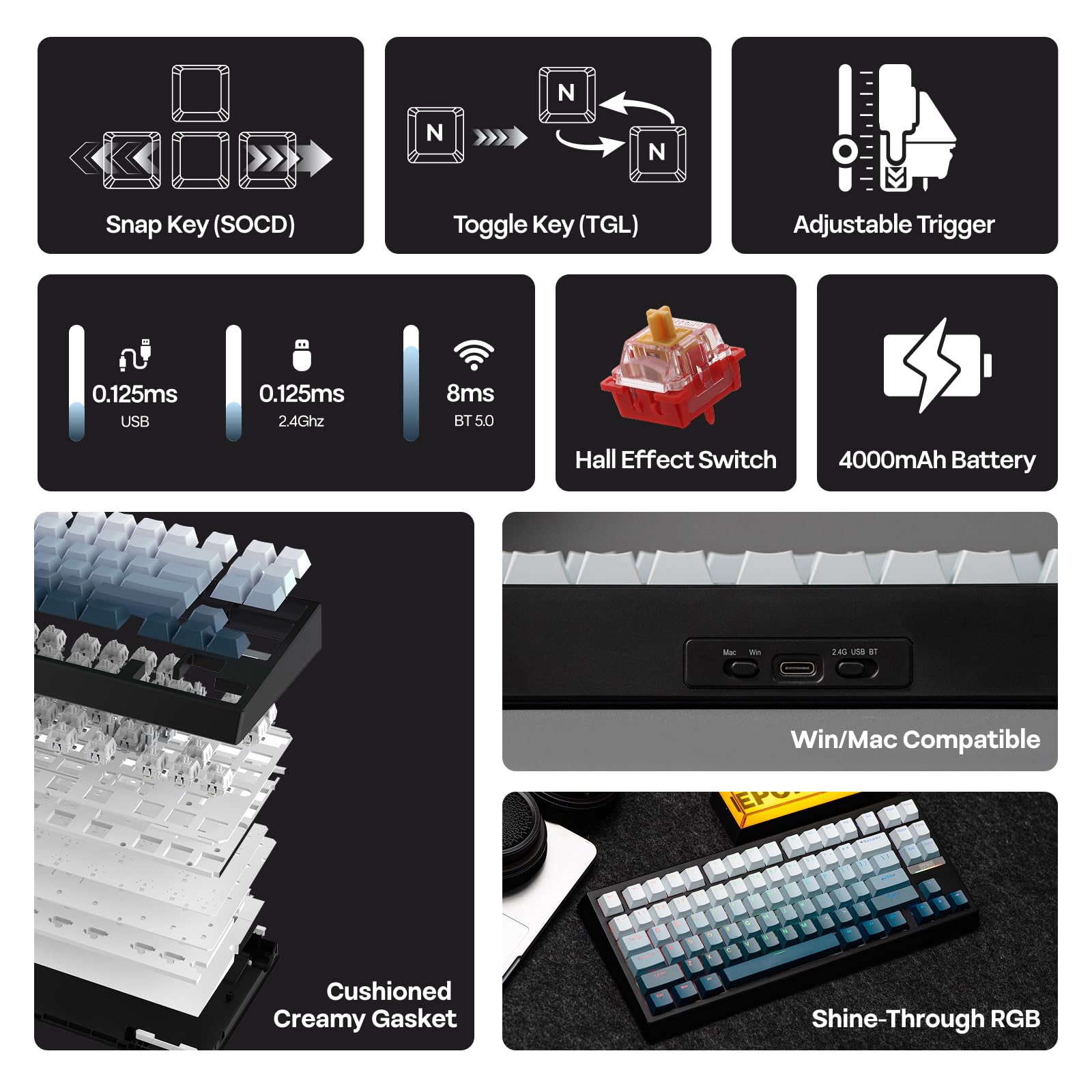 EPOMAKER G84 HE Clavier Gaming sans Fil, 8K Sondage&8000mAh, SOCD&DKS, Clavier Magnétique à Effet Hall avec Déclenchement Rapide&Actuation Réglable, RVB, Keycap PBT, Hot-Swap, QWERTY, Win/Mac (Noir)