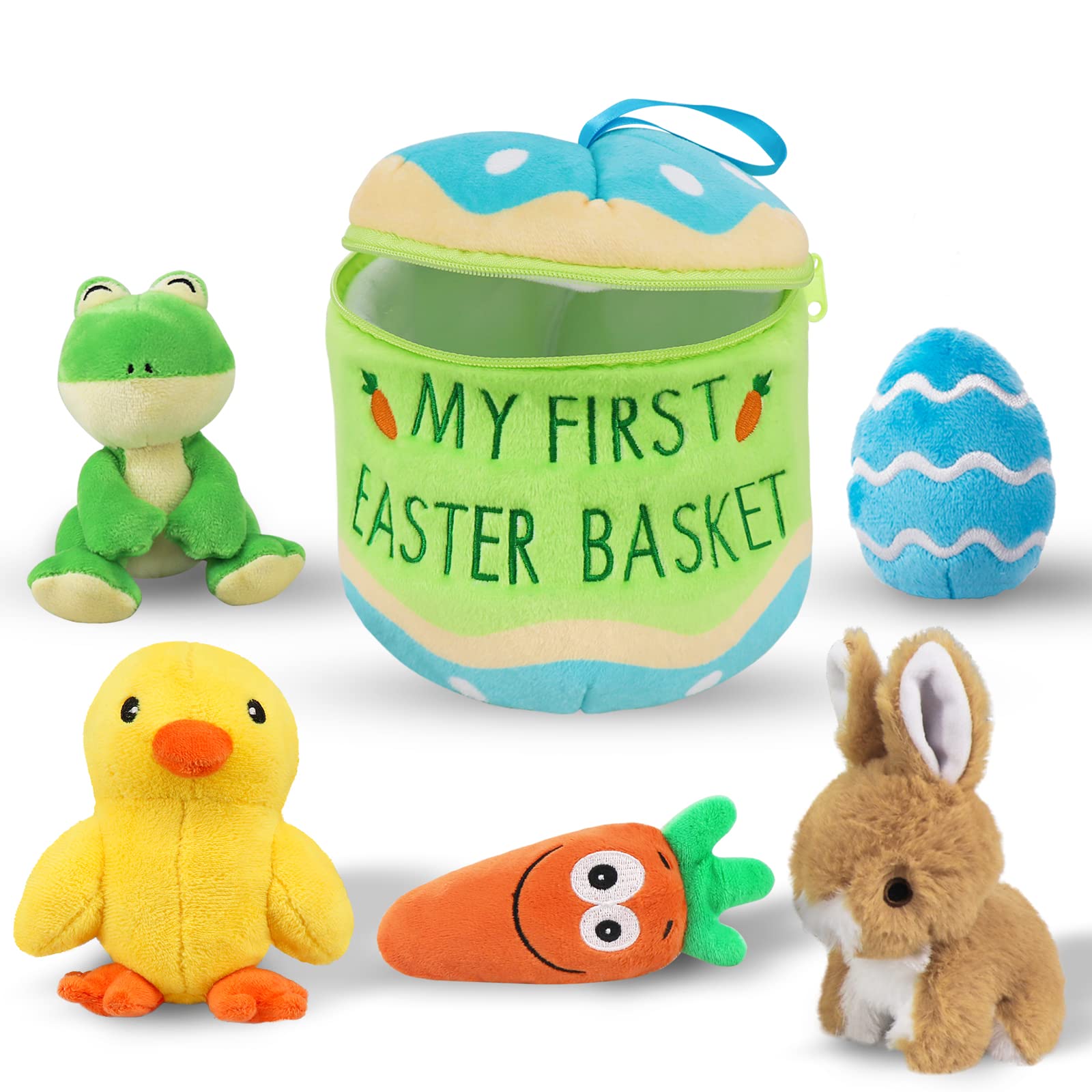 Baby's First Easter Basket Playset 6ct, Egg-shaped Basket with Embroidered 'Baby's First Easter', Stuffed Plush Bunny Chick Carrot Frog Egg for Kids Baby Girls Boys, Easter Stuffers Gifts