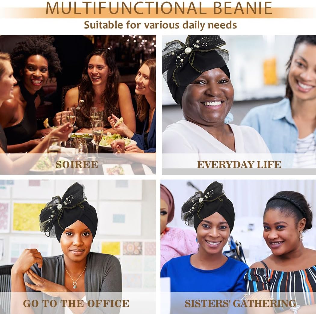 Bohend Big Flower Knotted Headwrap Cap Pearl Beads Pre Tied Turbans Beanie Bow Knot Bonnet Ruffle Stretch Headscarf Hat Women - Image 5