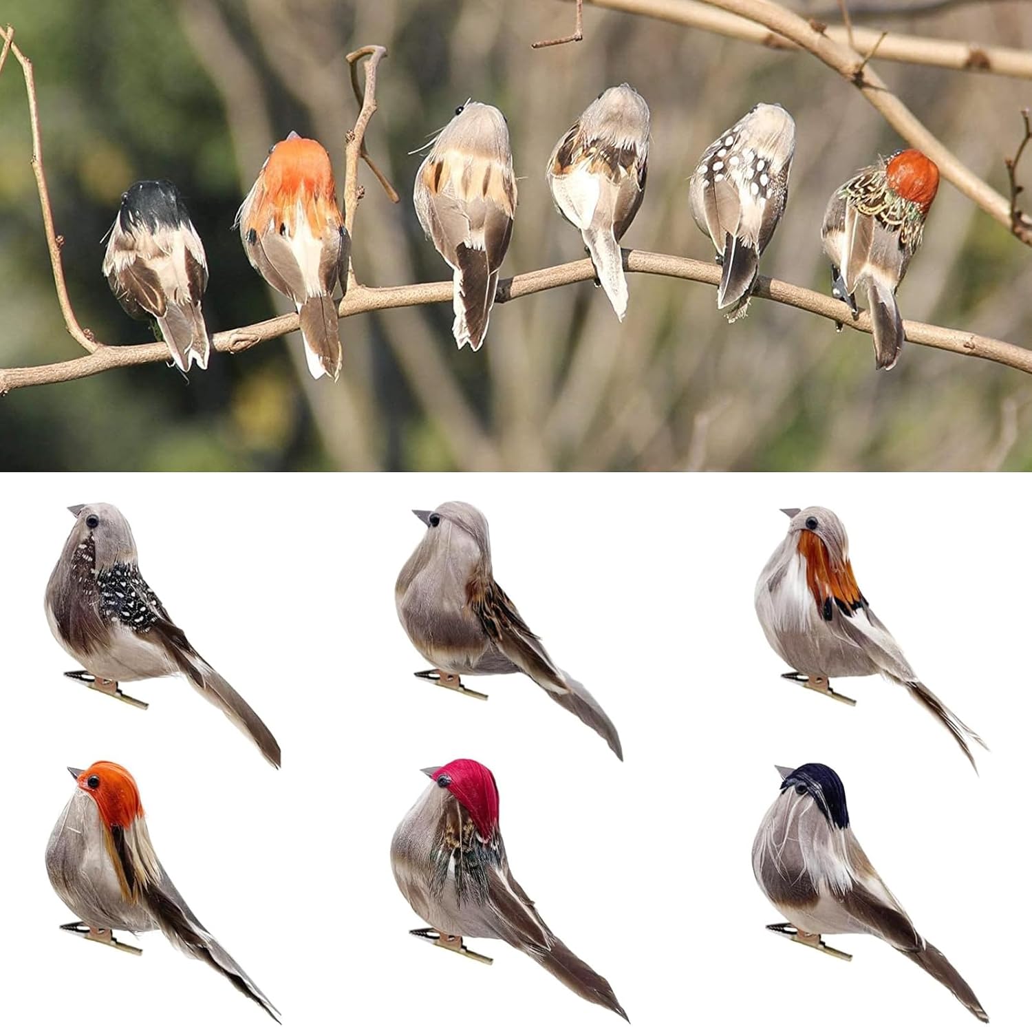6pcs Artificial Birds Realistic 3.9-Inch Simulation Foam Feather Sparrow Bird Clip on Ornaments for Christmas Decoration Craft Wedding Party Accessories