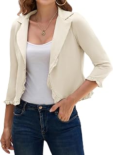 GRACE KARIN Women 3/4 Sleeve Cropped Blazer Jacket | Lightweight Cotton,Lapel Collar,Ruffled placket cuffs hem,Open Front Short Cardigan for Business Casual Work Office