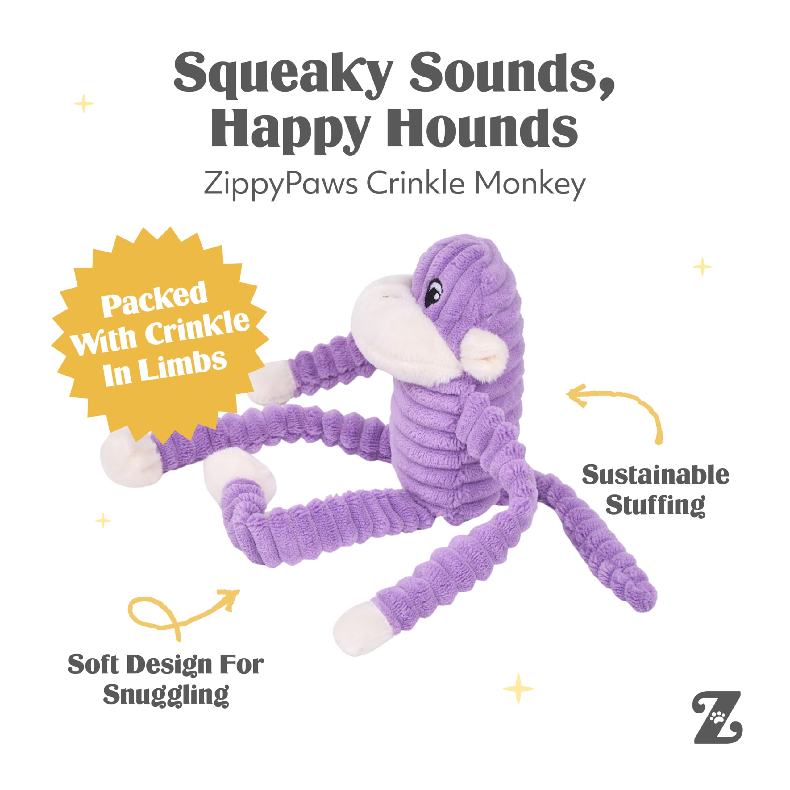 ZippyPaws - Zabawka dla psa Spencer The Crinkle Monkey, piszcząca i marszczona pluszowa zabawka - fioletowa, mała