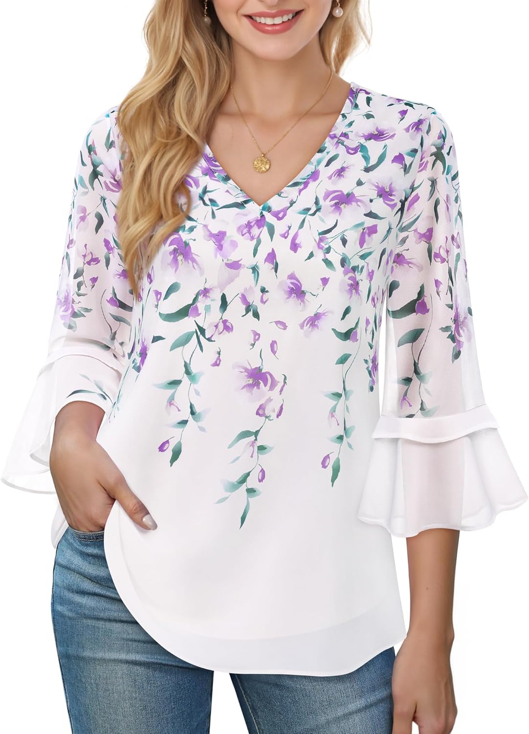 Bebonnie Womens Dressy Casual Tops Ruffle 3/4 Sleeve V Neck Floral Chiffon Blouses - Image 2