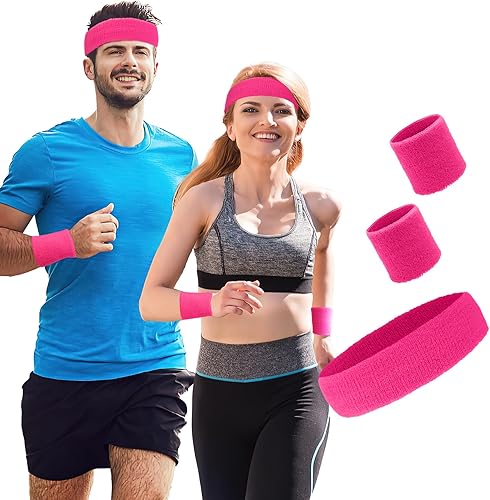 QPIXVB Bandas para el sudor, unisex, para hombres y mujeres, absorben la humedad, 2 pulseras y 1 diadema, pulseras deportivas, neón, ajustables