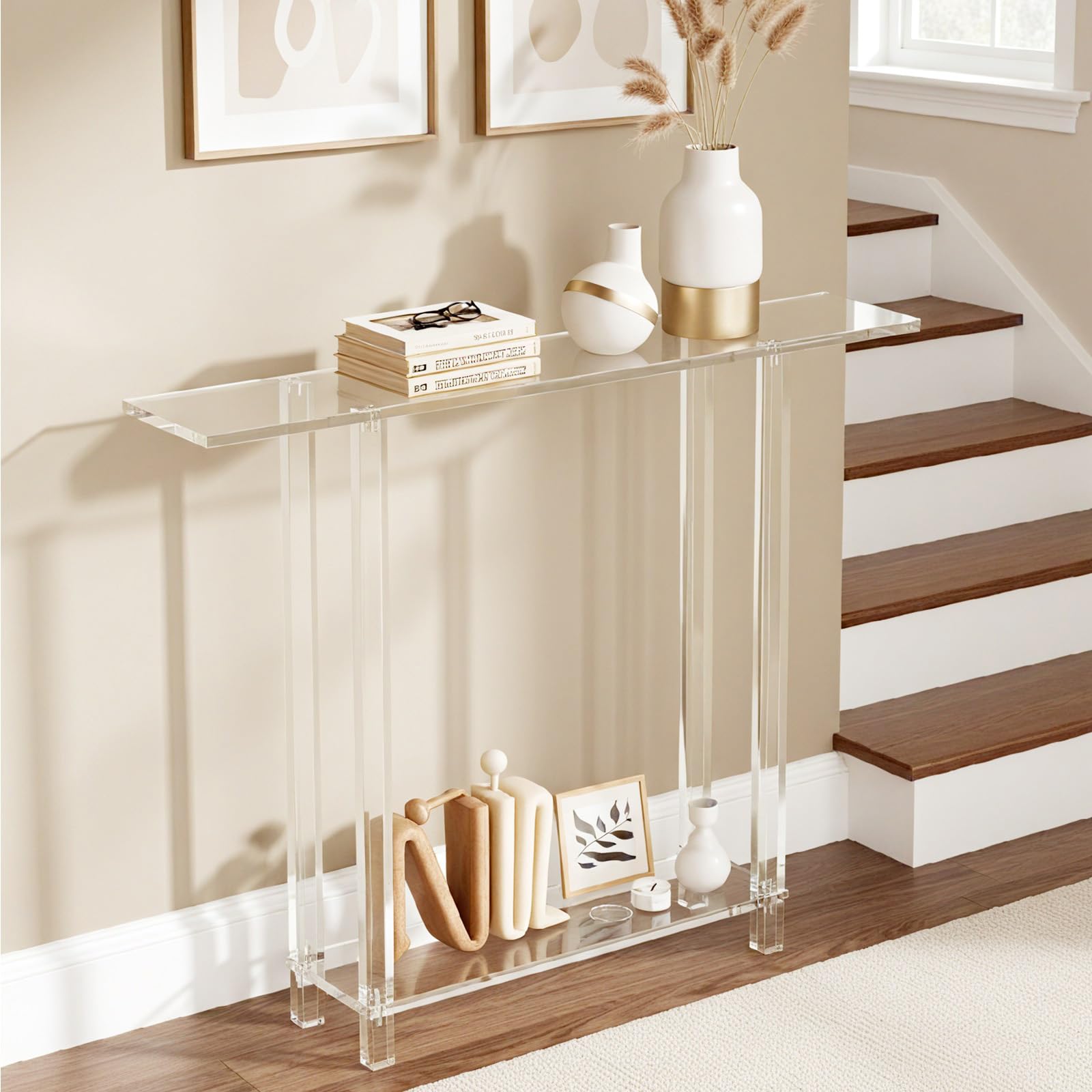 VEVOR Tavolo Consolle in Acrilico, con 2 Ripiani e Vano Portaoggetti Sottostante, Tavolino Rettangolare Moderno, Tavolo da Ingresso per Atrio, Corridoio, 19,3 x 100 x 80 cm, Trasparente
