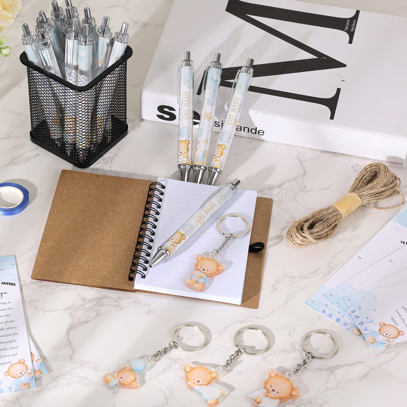289 piezas de regalos para baby shower para invitados, bolígrafos y llaveros de oso azul, bolígrafos retráctiles a granel, para revelación de género, tarjetas de felicitación, recuerdos y