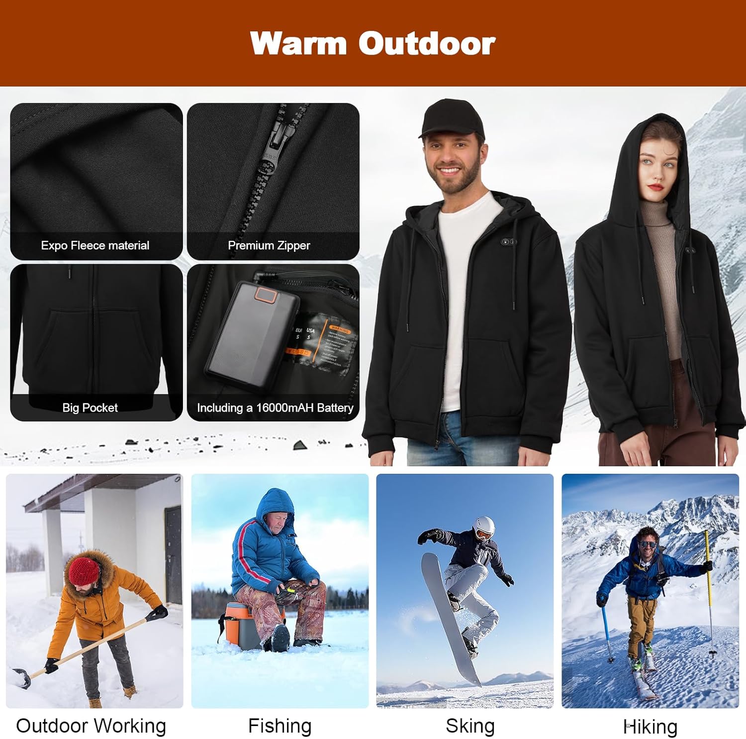 Heated Hoodie for Men Women with Battery Pack 7.4V 16000mAh, Hooded Heated Sweatshirts with 6 Heating Zones - Image 5