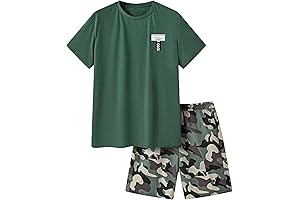 GORGLITTER Men's 2 Piece Camo Print Outfit Letter Patched Tee Top Drawstring Waist Shorts Set
