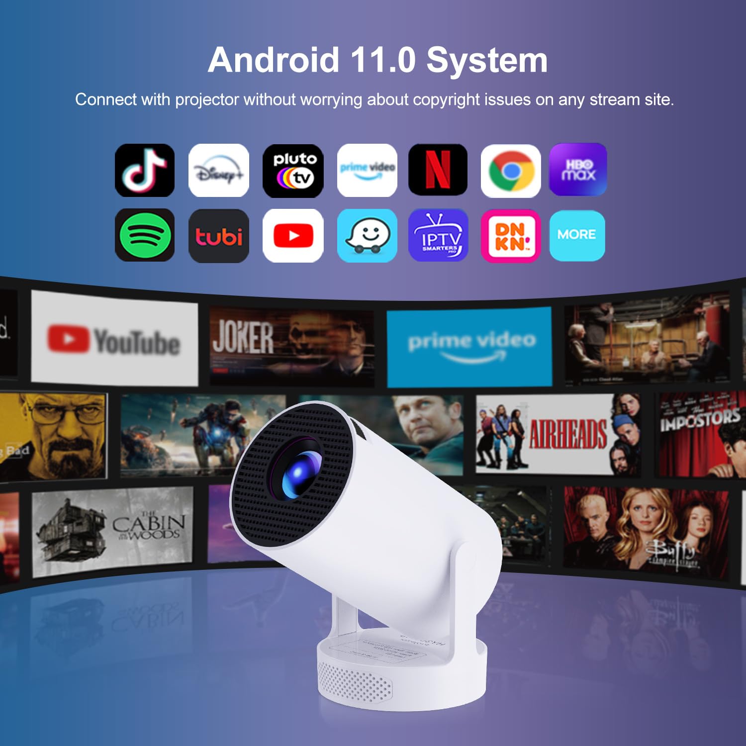 Mini proiettore portatile HY300 Pro HiFi Speaker Android TV con WiFi e Bluetooth - 1080P FHD, 2 altoparlanti da 5 W, audio stereo a 360°, WiFi6, Keystone automatico, Bluetooth 5.4, compatibile con