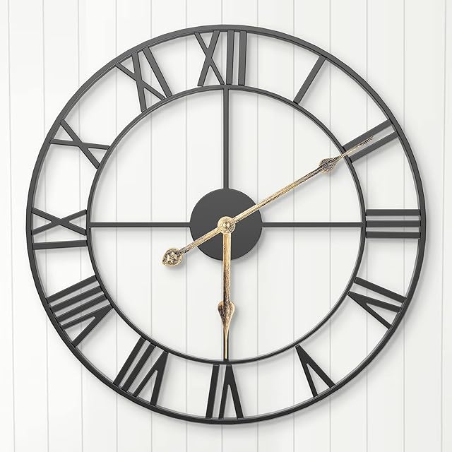 ARVINKEY Silent Wall Clock, 40cm Non-Ticking Battery Operated Metal Skeleton Hanging Decorative Clock for Home Kitchen Cafe Hotel Office (Black)