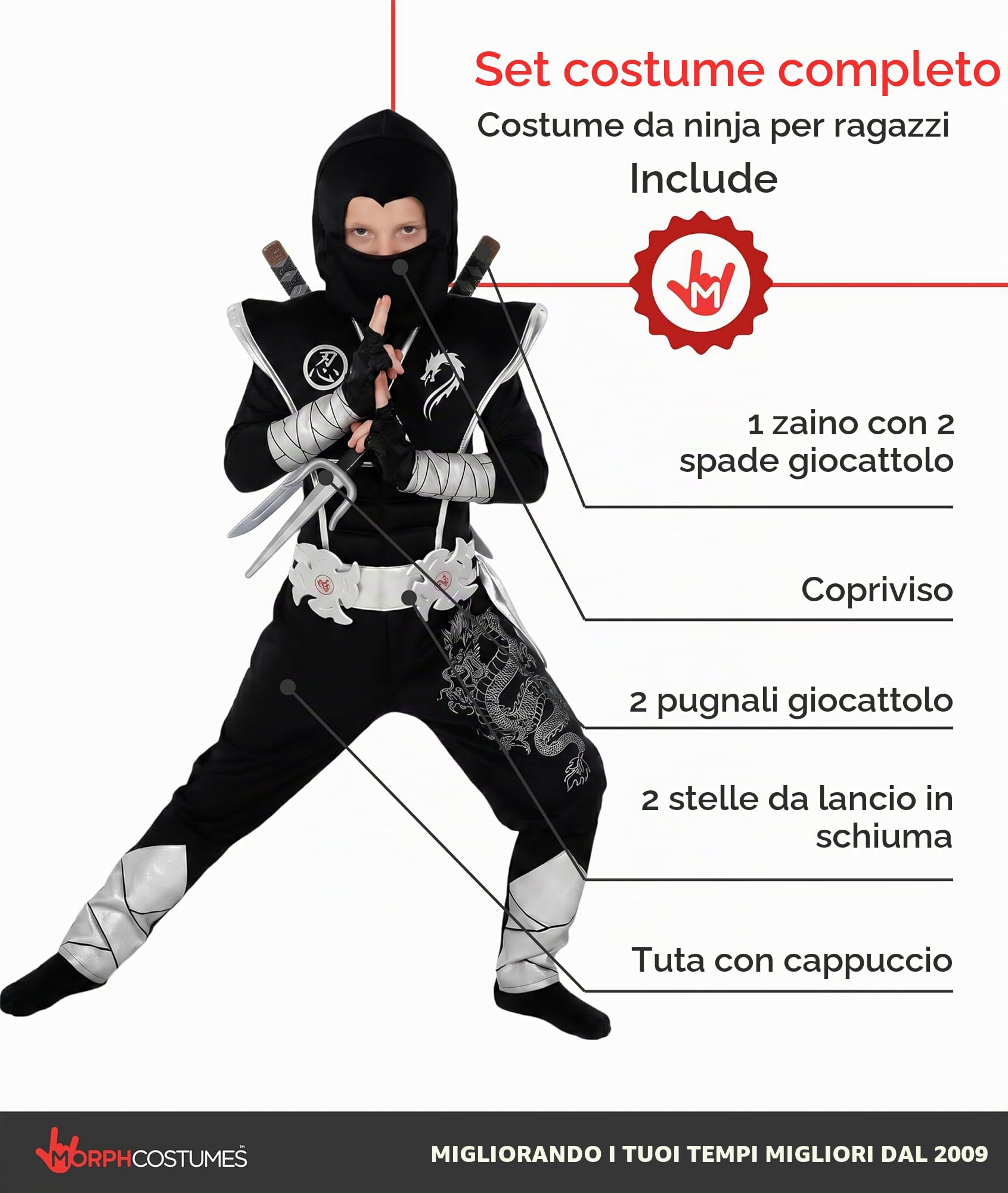 Morph Costume Ninja Bambino Argento - Vestito Carnevale per Bambini, Abito Ninja per Feste, Halloween e Compleanni.
