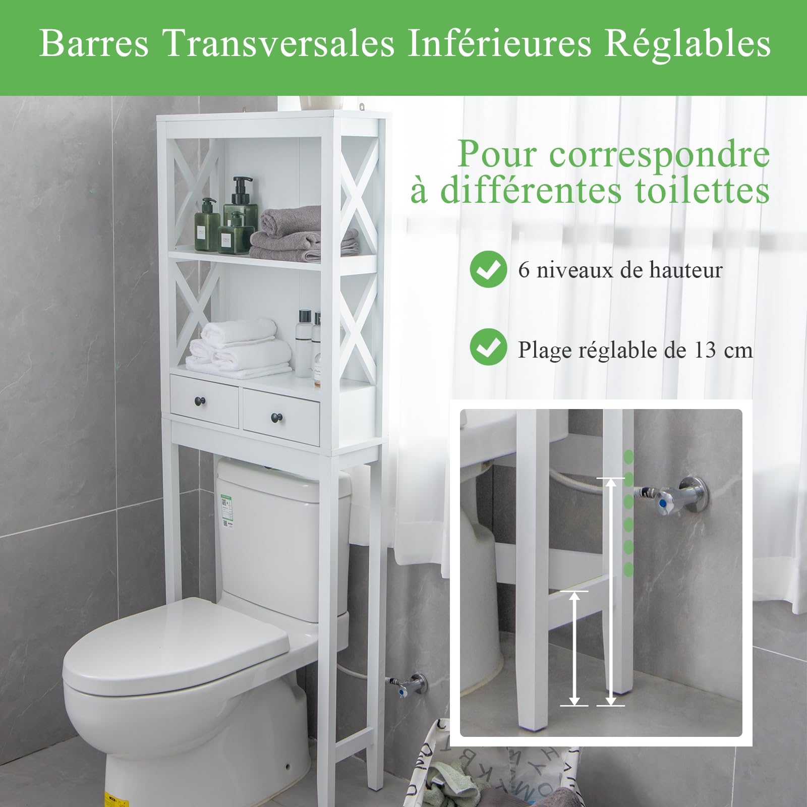 GIANTEX Étagère WC en Bois, Meuble de Rangement au Dessus des Toilettes ou Machine à Laver, Dispositif Anti-basculement, 2 Tiroirs et 2 Étagères, 60 x 20 x 165,5 cm, Blanc