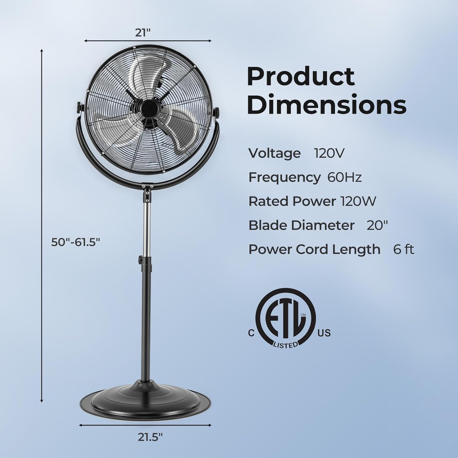 ARLIME 20" High Velocity Pedestal Fan, Industrial Oscillating Standing Fan w/3 Speeds, 360° Tilt & Adjustable Height, Heavy Duty Metal Floor Fan for Commercial, Garage, Workshop, Warehouse (20 Inch)